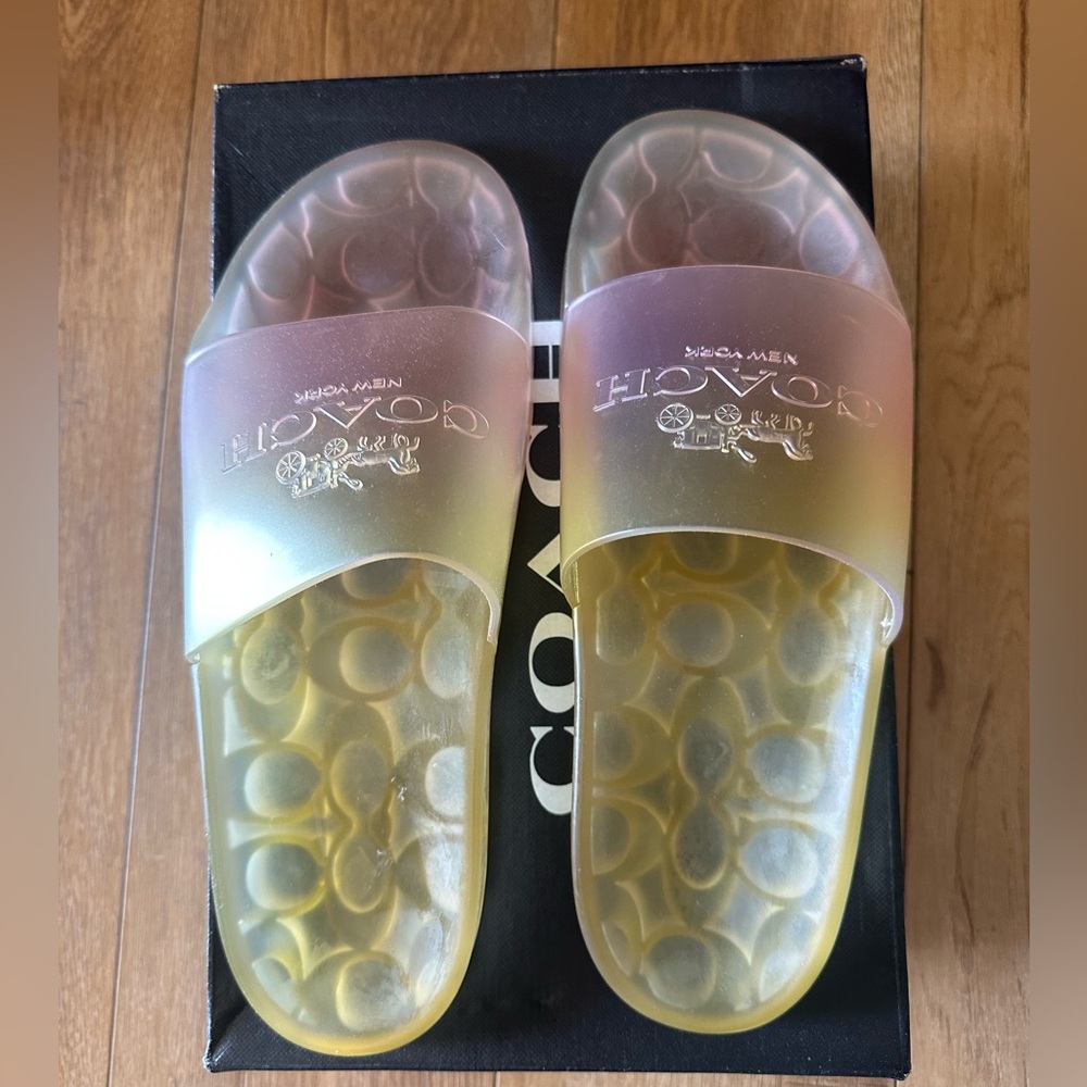 Coach Women's Iridescent Pink and Yellow Slide Sandals